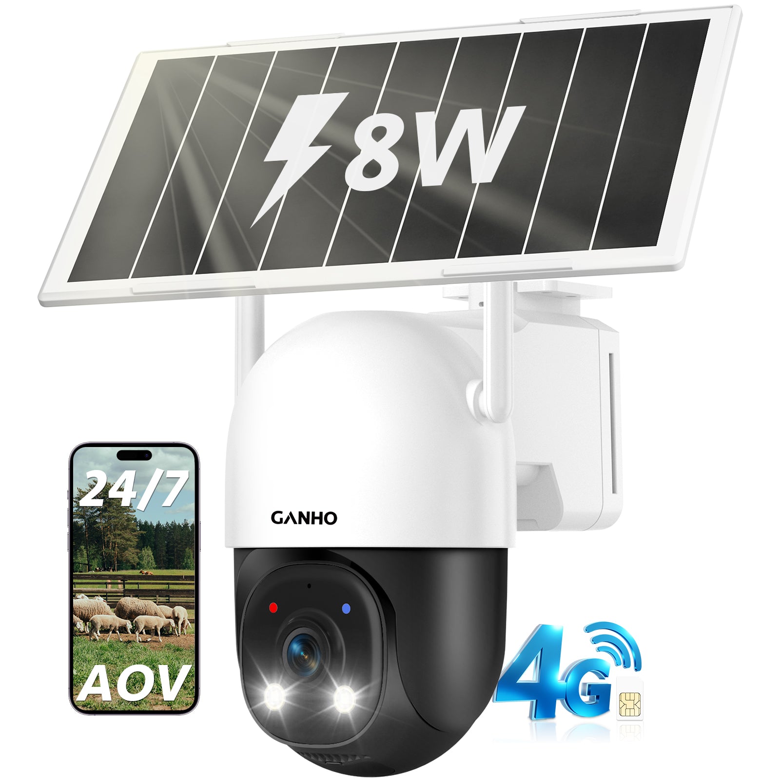 G30K-4G GANHO 4G AOV Solar Security Camera Outdoor Wireless,7/24 Recording 3MP No WiFi IP Surveillance Camera with Sim Card,90FT AI Detection,8W 14400mAh Battery Operated LTE Camera CCTV