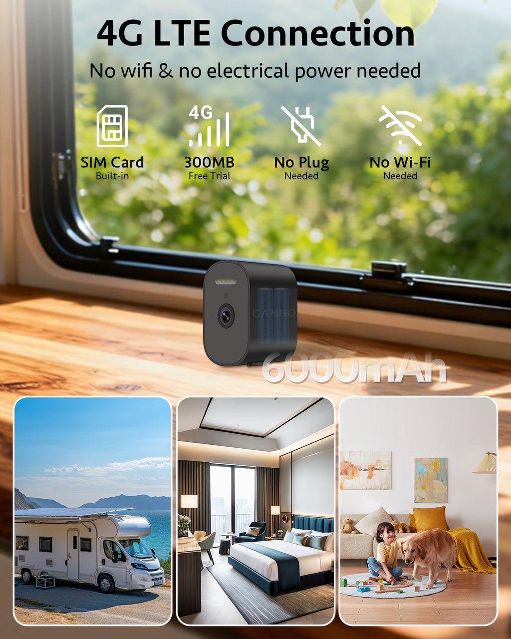 G10K-4G GANHO Cellular Security Camera, 2K 4G LTE Battery Powered Outdoor Camera with Night Vision & AI Human Detection, No WiFi Required