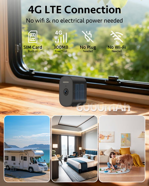 G10K-4G GANHO Cellular Security Camera, 2K 4G LTE Battery Powered Outdoor Camera with Night Vision & AI Human Detection, No WiFi Required