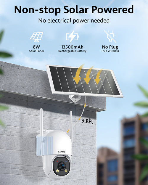 G30K GANHO 2K AOV WiFi Solar Security Camera Outdoor Wireless, 7/24 Recording Home Surveillance IP Camera PTZ with 90FT AI Detection, 8W 14400mAh Battery Powered CCTV Camera [2.4 & 5GHz]