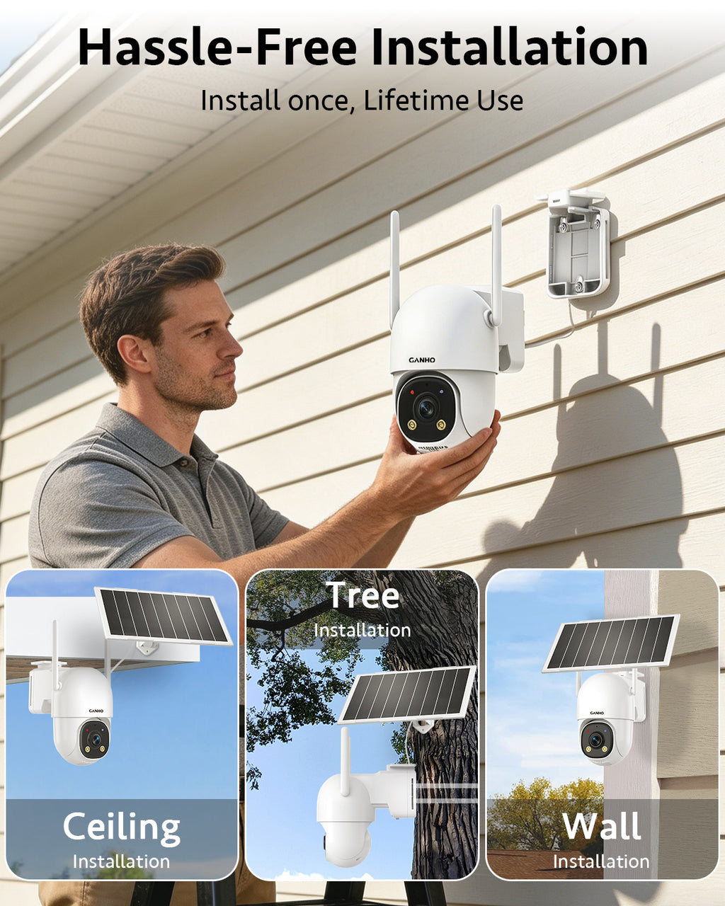 G30K GANHO 2K AOV WiFi Solar Security Camera Outdoor Wireless, 7/24 Recording Home Surveillance IP Camera PTZ with 90FT AI Detection, 8W 14400mAh Battery Powered CCTV Camera [2.4 & 5GHz]