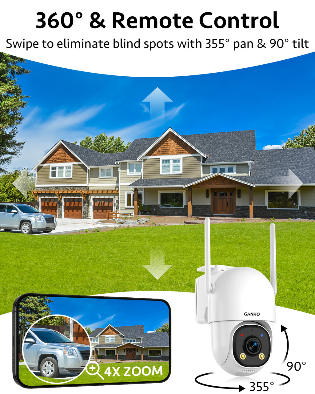 G30K GANHO 2K AOV WiFi Solar Security Camera Outdoor Wireless, 7/24 Recording Home Surveillance IP Camera PTZ with 90FT AI Detection, 8W 14400mAh Battery Powered CCTV Camera [2.4 & 5GHz]