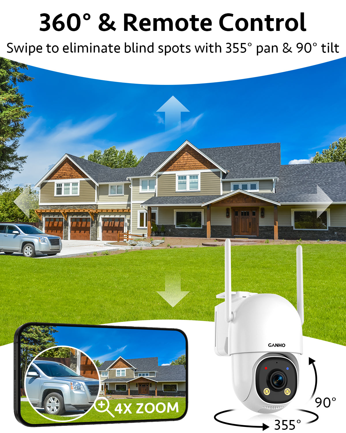 G30K GANHO 2K AOV WiFi Solar Security Camera Outdoor Wireless, 7/24 Recording Home Surveillance IP Camera PTZ with 90FT AI Detection, 8W 14400mAh Battery Powered CCTV Camera [2.4 & 5GHz]